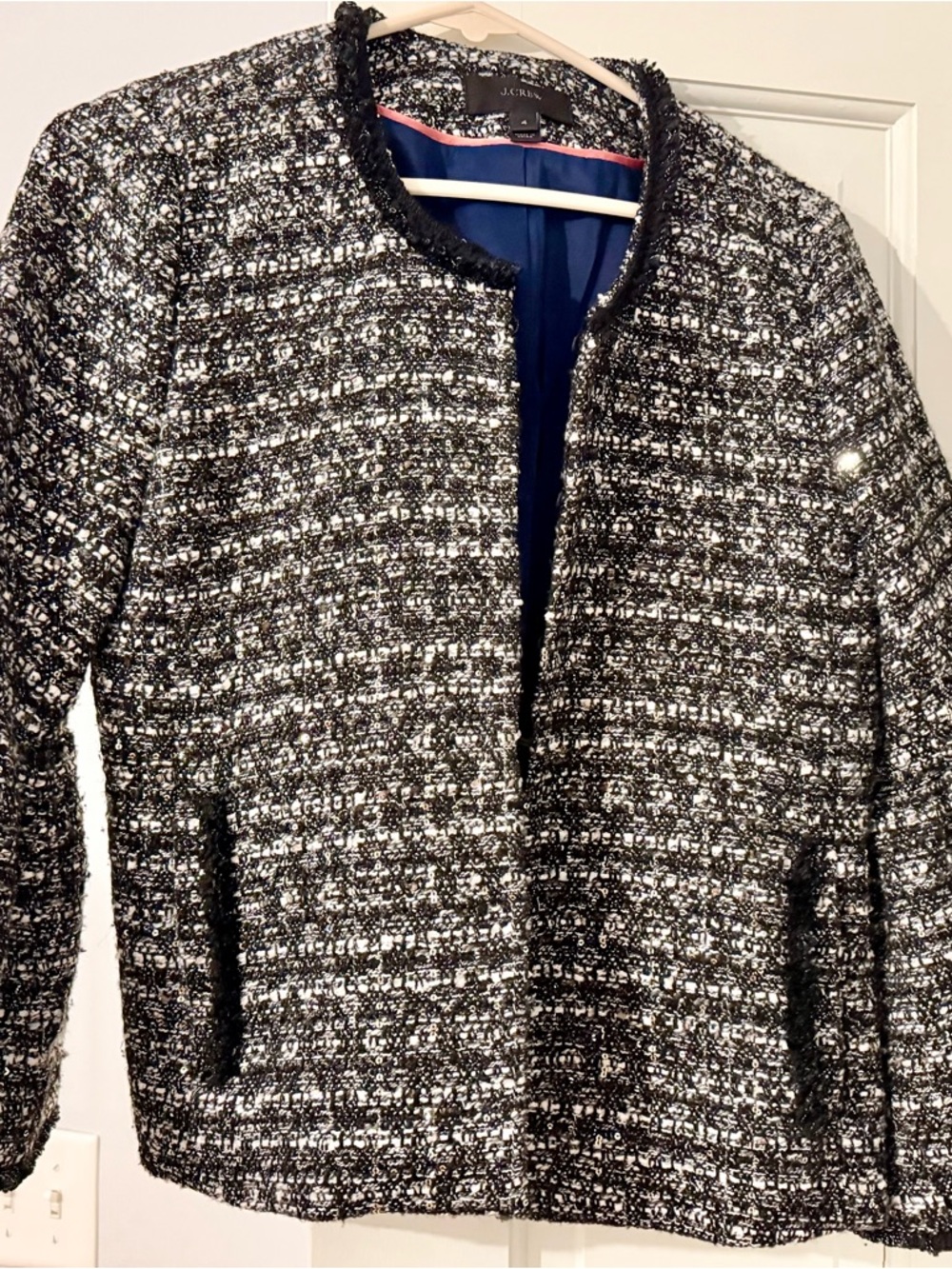 J. Crew Black and White Tweed Collarless Jacket